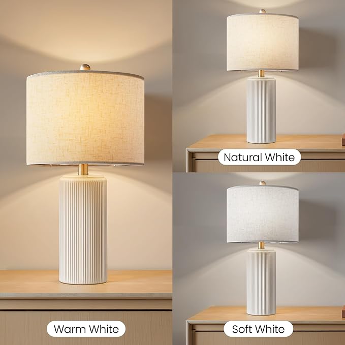 23" Ceramic Table Lamp Set of 2, 3-Level Dimmable Farmhouse Bedside Lamps for Bedroom, Nightstand Lamps for Living Room, Rustic End Table Desk Lamps with Rocker Switch, LED Bulb Included