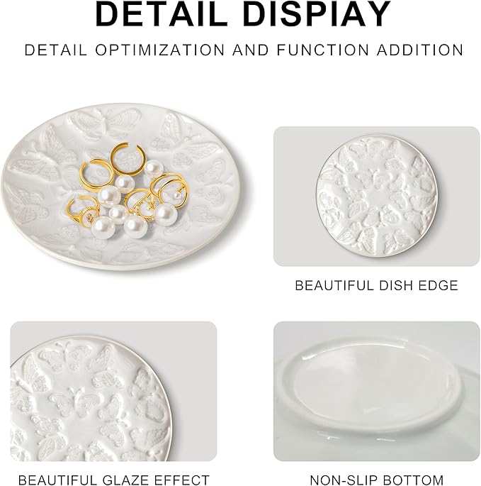 Ceramic Jewelry Dish, Decorative Tray for Rings Earrings Necklaces Bracelet Watch Keys, 4.50" Trinket Tray as Gifts for Women (White Butterflies)