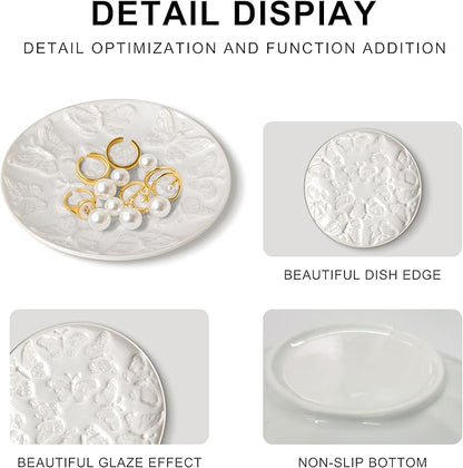 Ceramic Jewelry Dish, Decorative Tray for Rings Earrings Necklaces Bracelet Watch Keys, 4.50" Trinket Tray as Gifts for Women (White Butterflies)