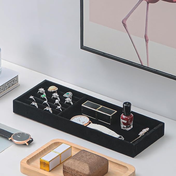 2Pcs Desk Drawer Storage Tray, Nightstand Organizer Tray, Necklace Bracelet Ring Earring Jewelry Display Tray, Grid Table Organizer Holder Tray for Sunglass, Phone, Watch, Perfume (2 grid)/Black