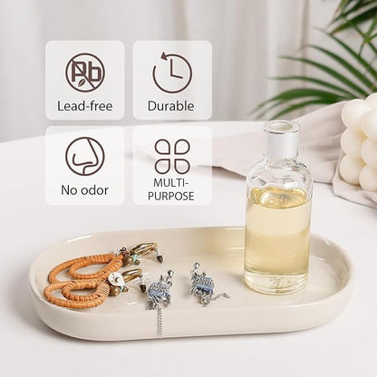 Ceramic Jewelry Tray – Oval Vanity Dish for Rings, Earrings, Bracelets – Minimalist Decorative Trinket Holder for Dresser, Bathroom, Nightstand – Cream White