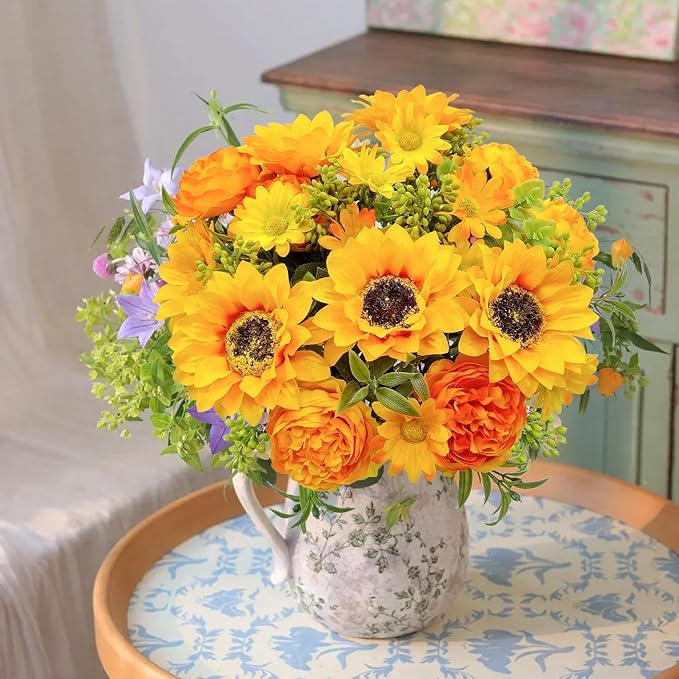 Artificial Flowers for Decoration, 3Pcs Fake Sunflower with Peonies Artificial Flowers Bouquet Silk Flowers for Home Wedding Party Table Centerpieces Vase Decor Indoor Floral Displays (Yellow)