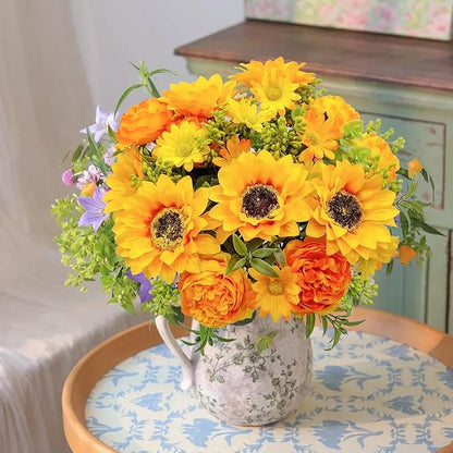 Artificial Flowers for Decoration, 3Pcs Fake Sunflower with Peonies Artificial Flowers Bouquet Silk Flowers for Home Wedding Party Table Centerpieces Vase Decor Indoor Floral Displays (Yellow)