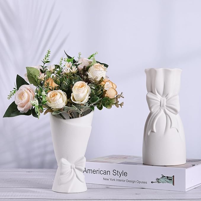 Frosted Porcelain Floral Handmade Vases,Frosted Ceramic vases,Geometric Ceramic Flower Vase for Modern Home Decoration and high-end Wedding,Matte Frosted Texture Bud Flower Vase (2pcs Set)