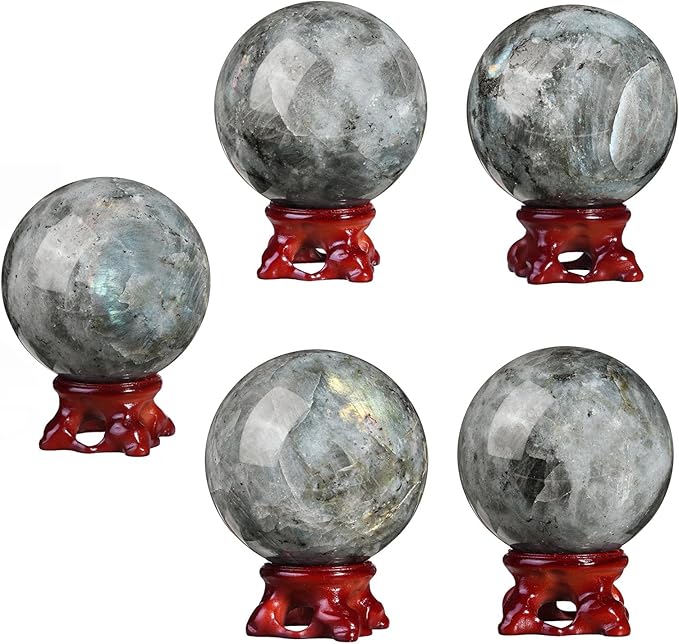 SUNYIK Natural Labradorite Ball Sphere with Resin Stand Polished Crystal Sphere Stone Figurine Decor for Home Office Tabletop, 2.4-2.7”(61-70mm)