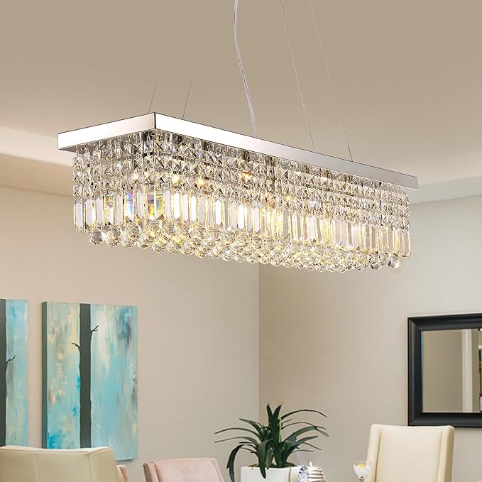 Siljoy 6-Light Modern Crystal Chandelier for Dining Room, Rectangular K9 Crystal Raindrop Chandelier, Rectangle Pendant Ceiling Light Fixture for Living Room Kitchen Island L31.5'' x W10'' x H10''