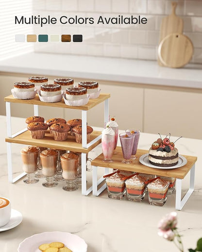 SONGMICS Cabinet Organizer Shelf, Set of 3 Kitchen Counter Shelves, Kitchen Storage, Spice Rack, Stackable, Expandable, Cloud White and Natural Beige UKCS014YL02