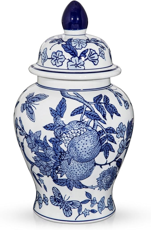 Blue and White Vase Ginger Jar - 12" Chinoiserie Decor Large Ginger Jar Blue & White Porcelain Flower Ceramic Covered Jars with Lid Chinoiserie Decorative Vase for Home Room Office Centerpieces