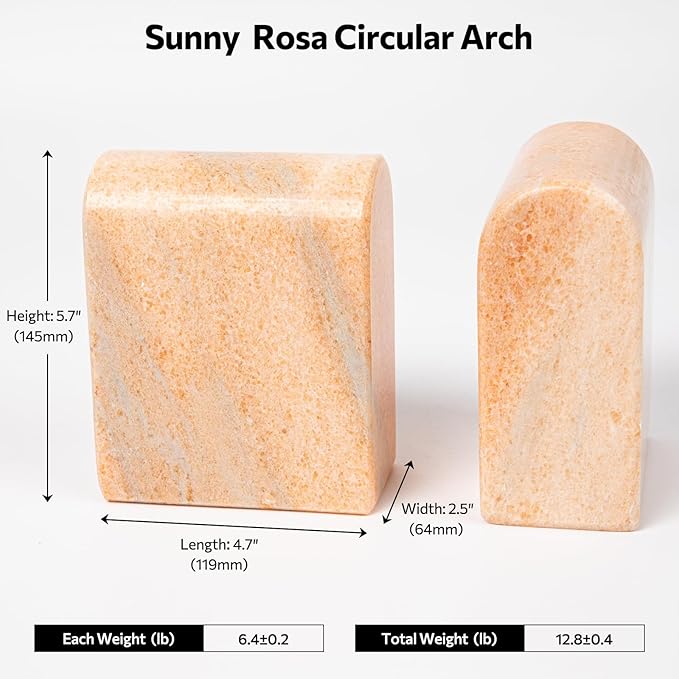 Luxury Marble Bookends for Shelves, 13LB Heavy Duty Marble Book Ends for Heavy Books, Stone Bookends Decorative, Polished, Orange Arch, Set of 2