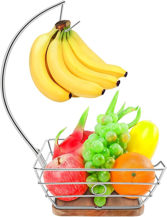Livabber Countertop Fruit Basket Bowl with Banana Hanger, Modern Standing Fruit Vegetable Bowl Storage, with Banana Tree Holder for Kitchen Dinning Table (Square Wood, Chrome)