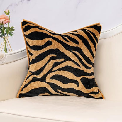 Yangest Black and Gold Square Pillow Cover Cut Velvet Zebra Print Cushion Cover Luxury Modern Pillowcover for Couch Living Room Bedroom, 20x20 Inch
