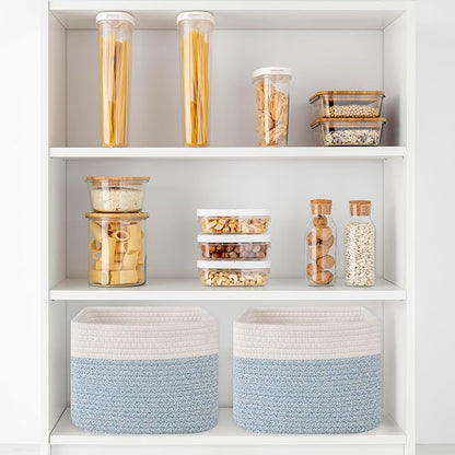 OIAHOMY 9”x9”x7” Storage Cubes, Cotton Rope Woven Baskets for Organizing, Cube Storage Bin, Small Gift Basket for Shelf, 3-Pack, Blue&White