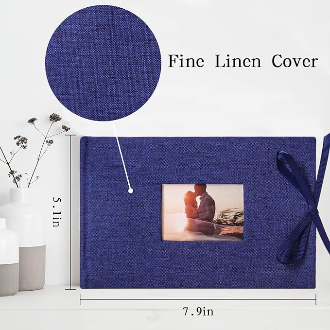 Vienrose Photo Album 4x6 50 Pockets Linen Frame Cover with Memo Areas Photobook Mini Slip-in Picture Book for Wedding Baby Vacation, Blue