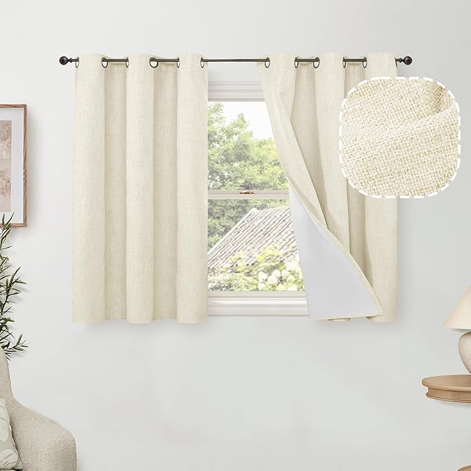 Lajode 40 Inch Length Linen Blackout Curtains for Short Cafe Window, Thermal Insulated Light Blocking Soundproof Privacy Burlap Curtains 2 Panels, Each 38 Inch Wide Cream