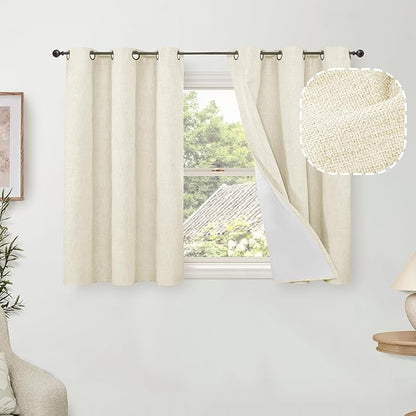 Lajode 40 Inch Length Linen Blackout Curtains for Short Cafe Window, Thermal Insulated Light Blocking Soundproof Privacy Burlap Curtains 2 Panels, Each 38 Inch Wide Cream