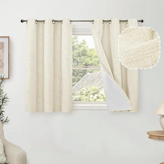 Lajode 40 Inch Length Linen Blackout Curtains for Short Cafe Window, Thermal Insulated Light Blocking Soundproof Privacy Burlap Curtains 2 Panels, Each 38 Inch Wide Cream