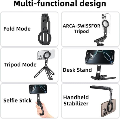 Magnetic Phone Tripod Stand Portable Cell Phone Holder Strong Magnet Mini Pocket Smartphone Mount Foldable Selfie Stick Tripod with 1/4" Screw Hole for iPhone 17 16 15 14 13