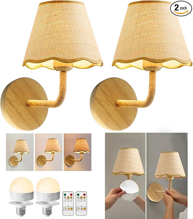 Set of Two Stick-On Hand Woven Wall Sconces, Battery Operated Wireless Wall Sconces with Remote Controlled, Adjustable Brightness Living Room Wall Decor(E26 Bulb Included)