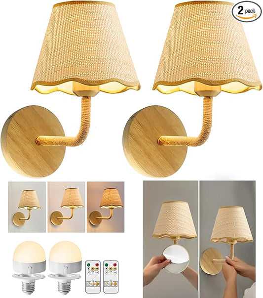 Set of Two Stick-On Hand Woven Wall Sconces, Battery Operated Wireless Wall Sconces with Remote Controlled, Adjustable Brightness Living Room Wall Decor(E26 Bulb Included)