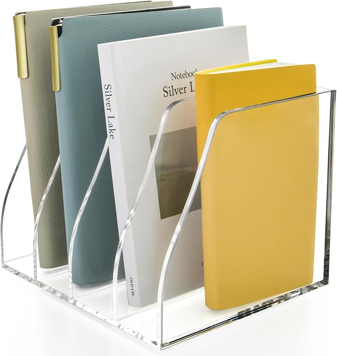 Acrylic Magazine File Holder, 4 Vertical Compartments Desk Document Sorter Organizer, Clear Folder Rack Binder for Office, Documents, Tablets, Magazines, Books – Home/Classroom Rack