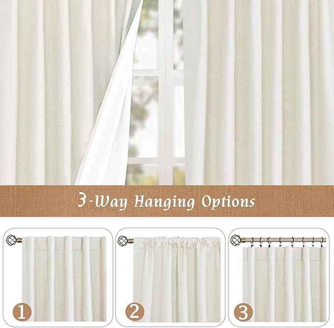 LAMIT 100% Blackout Short Linen Curtains for Cafe, 40 Inch Length Linen Textured Thermal Curtains Back Tab and Rod Pocket Neutral Panels with White Liner for Bedroom, 2 Panels, 34 x 40 Inch, Ivory