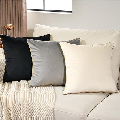Aeckself Pack of 2 Gray Velvet Pillow Covers 20 x 20 Inch, Modern Luxury Decorative Pillowcase with Gold Trim Edge, Comfortable Soft Solid Cushion Case for Couch Bedroom Living Room
