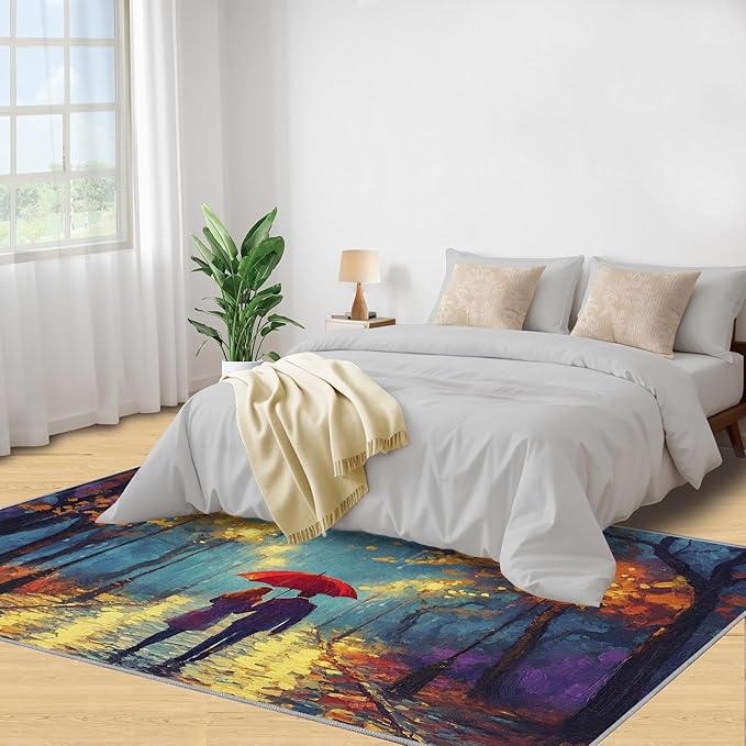 London Streets Washable Rugs 4x6 Rug for Living Room, Rainy Night Oil Painting 4x6 Rug Autumn Landscape Low-Pile Carpet for Bedroom Dining Non Slip Mat with Rubber Back