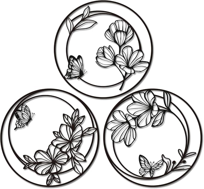 Pinetree Art 3 Pieces Metal Flowers Wall Decor, Modern Black Circle Floral Wall Art, Rustic Farmhouse Butterfly and Flower Wall Decor for Bathroom Kitchen Living Room Garden Office (black)