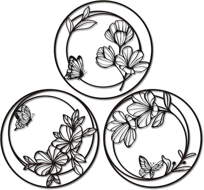Pinetree Art 3 Pieces Metal Flowers Wall Decor, Modern Black Circle Floral Wall Art, Rustic Farmhouse Butterfly and Flower Wall Decor for Bathroom Kitchen Living Room Garden Office (black)