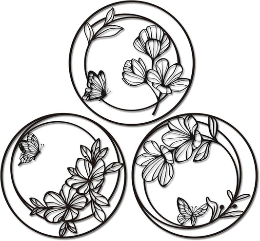 Pinetree Art 3 Pieces Metal Flowers Wall Decor, Modern Black Circle Floral Wall Art, Rustic Farmhouse Butterfly and Flower Wall Decor for Bathroom Kitchen Living Room Garden Office (black)