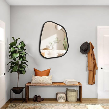 Asymmetrical Mirror Large 20"x16" Irregular Oval Wall Mirror Modern Wood Frame Unique Shape Wall Mounted Vanity Artistic Mirror Decorative for Living Room Bedroom Bathroom Entryway Hallway
