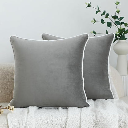 LIGICKY Set of 2 Grey Velvet Throw Pillow Covers Modern Minimalist Style Solid Decorative White Rope Edging Soft Square Cushion Cases for Sofa Bedroom Party Décor, 26 x 26 inch