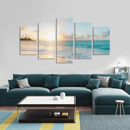 Goldfoilart 5 Pieces Beach Sunset Canvas Wall Art Blue Sea Prints Romantic Ocean Waves Pictures Painting for Living Room Bedroom Home Decorations Wall Decor Ready to Hang