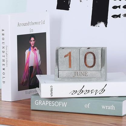 Wooden Desk Calendar,Desk Calendar Blocks for Teachers,Office Perpetual Date Block Small Home Desktop Decor Chic Vintage Month with Number Cubes Display Rustic Decoration(Vintage Grey)