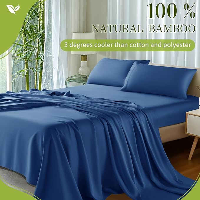 Shilucheng 100% Viscose Derived from Bamboo_ Sheets Full Size 4pcs - Ultra Cooling & Silky Soft Bed Sheets, 16" Deep Pocket, Perfect for Hot Sleepers, Hotel Bedding Sheets (Navy Blue)