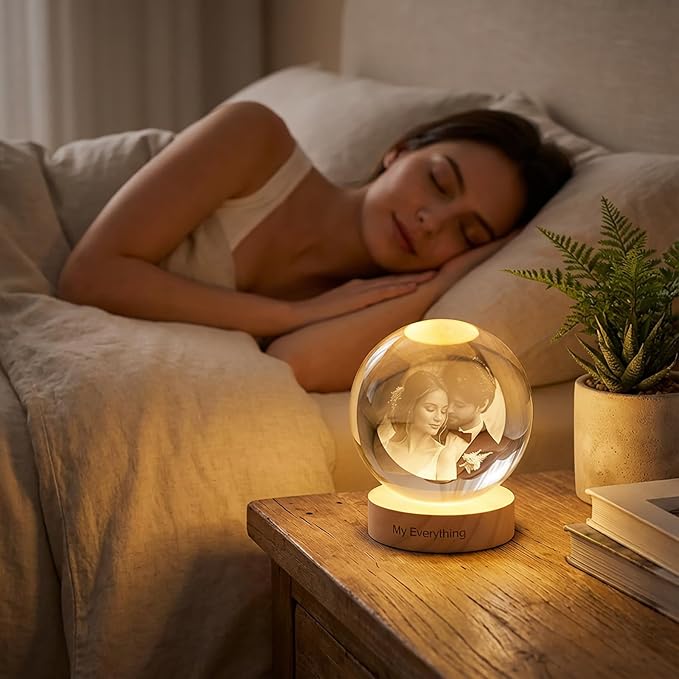 Custom 3D Crystal Photo Night Light Personalized Photo Crystal Ball Engraved Picture Lamp with Wood Base Memorial Gift for Pets Family Couple Birthday Valentine's Day (Style 3)
