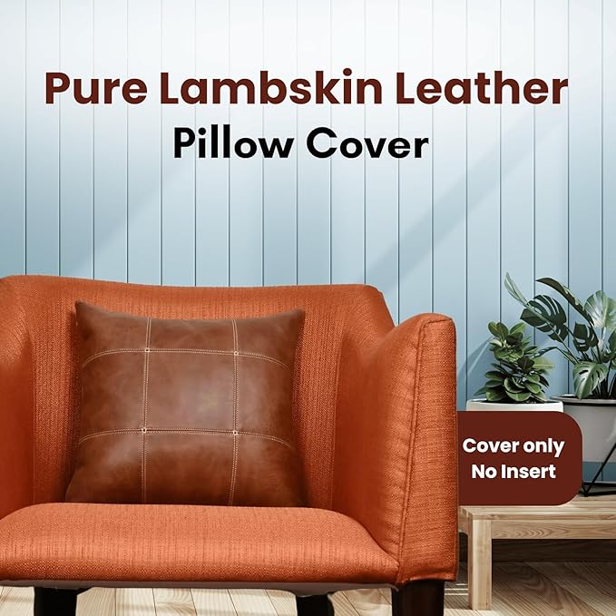 LL LEATHER LOVERS Genuine Lambskin Leather Pillow Cover, 22x22 Inch Case for Lumbar Throw Couch Pillows, Thick & Soft Cushion Covers for Sofa Bed Home Décor (Square Grid Antique Brown Pack of 2)