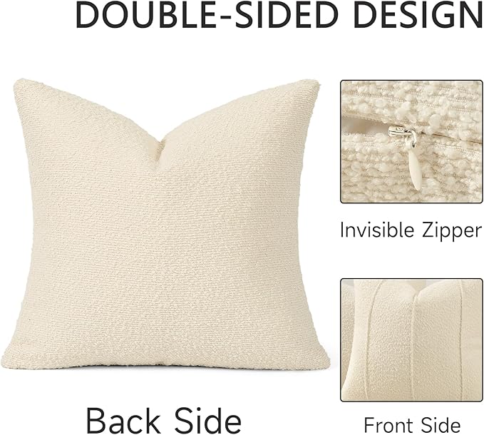 YCOLL Textured Boucle Throw Pillow Covers 20x20 Pack of 2 - Soft Neutral Striped Cushion Covers, Cozy Accent Decorative Pillow Covers for Couch, Sofa, Bed, Living Room (Cream)