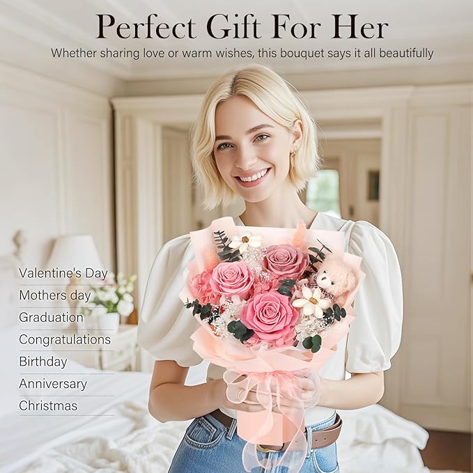 Preserved Flowers Bouquet with Bear, 3 Real Forever Flowers for Delivery, Long-Lasting Pink Eteranl Roses Bouquet, Anniversary Birthday Valentine Gifts for Women Mom Grandma Her Wife Girlfriend