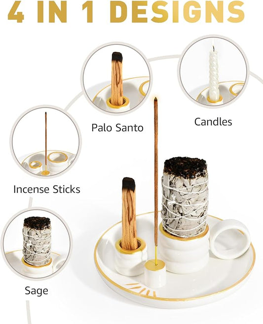 4 in 1 Incense Holder, Palo Santo Holder for Burning Sage, Sticks & Candle, Ceramic Incense Burner with Handle, 5.9 Inch Ash Catcher Tray, Zen Decor for Meditation & Gift
