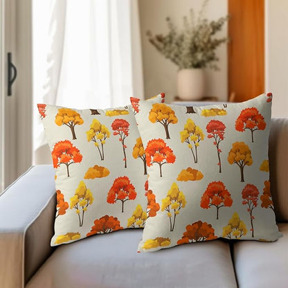 Fall Pillow Covers 18x18 Set of 2 Red Orange Maple Tree Leaf Autumn Outdoor Pillowcase with Zipper Forest Print Pattern Decorative Cushion Cover Rustic Decoration Farmhouse Sofa Couch Bed Decor