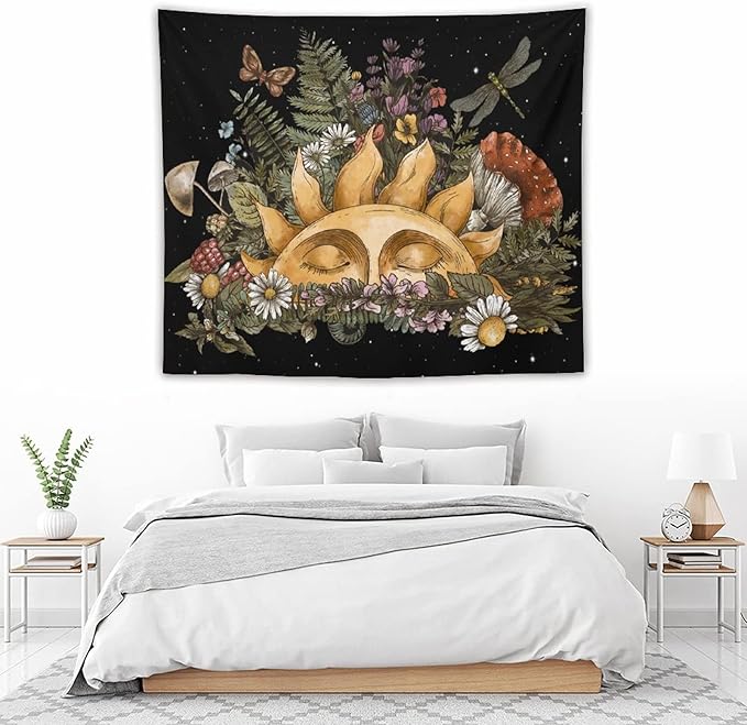Vintage Sun Tapestry,Boho Hippie Mushroom Starry Floral Forest Plant Tapestries Wall Hanging for Dorm Living Room Bedroom Home Decor(50"x60")