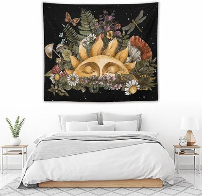 Vintage Sun Tapestry,Boho Hippie Mushroom Starry Floral Forest Plant Tapestries Wall Hanging for Dorm Living Room Bedroom Home Decor(50"x60")