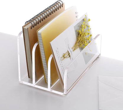 SANRUI Acrylic Mail File Organizer Sorters for Desk, 3 Upright Compartments Laddered Clear Desktop Vertical Letter Holder, Multifunction Envelope Folder Racks Holders for Office,Home, School