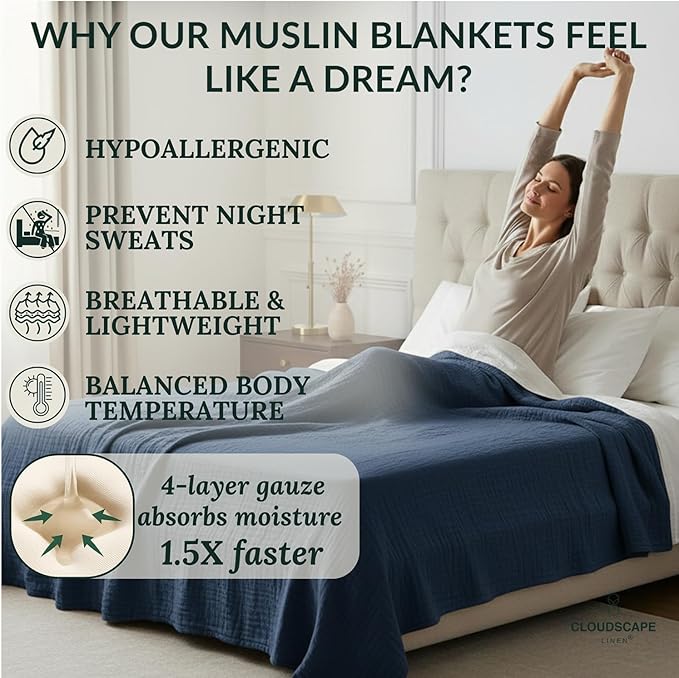 Luxury 100% Cotton Muslin Blanket King Size, 4 Layer Oversized 92x108 Fit Upto Calking Bed, Layering Winter Blankets for Bed, Soft Cotton Gauze Quilt, All Season Ensign Blue Bedding