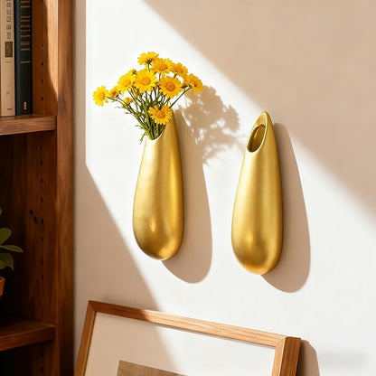 Sculptural Wall Ceramic Vase — 2 Pack Gold Hanging Sconce Vase | Turn Flowers into Art — Decorative Ceramic Wall Sconce for Single Stem Displays