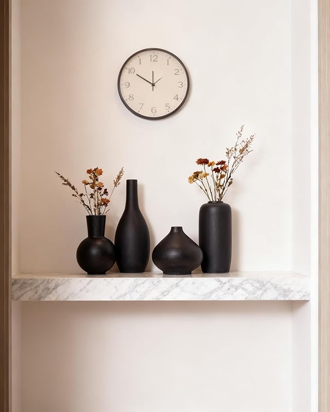 Black Ceramic Flower Vase Set of 4, Modern Farmhouse Decorative Vases for Bookshelf,Dining Room Coffee Console Table Centerpieces