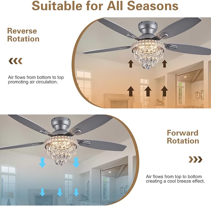 Crystal Ceiling Fan Fandelier with Lights-Ceiling Fans with Lights,50" Low Profile and Remote Control, Flush Mount, Reversible, Dimmable, Noiseless, Sliver Ceiling Fan for Bedroom