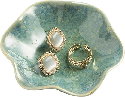 Ceramic Ring Dish, Jewelry Dish Holder, Small Trinket Tray Plate for Earrings Rings Necklaces Keys, Gift for Mom Friend Sister on Birthday Mother's Day Christmas (Cyan Surface)