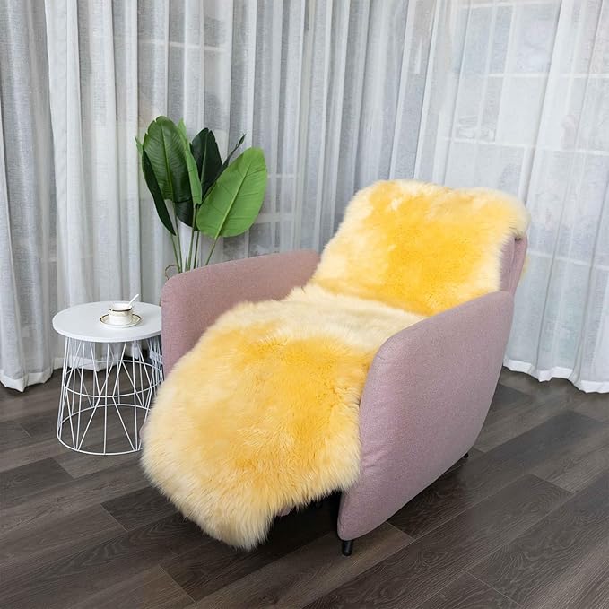 Genuine Sheepskin Rug New Zealand Luxury Lambskin Rug, Natural Fluffy Sheepskin Throw for Bedroom Living Room Children's Room - Premium Area Rug Chair Cover (Yellow, 2×6 Feet)